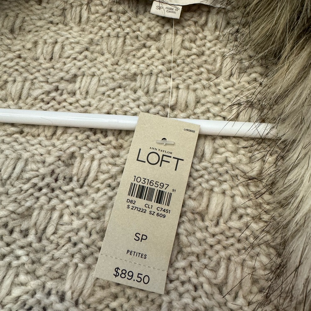 LOFT WOMENS CHUNKY CABLE KNIT FULL ZIPPER VEST FAUX FUR SMALL PETITE NWT - Picture 6 of 7